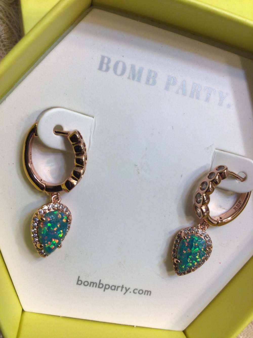 Bomb Party “A Romantic Twist” Teal Fire Opal Halo Crystals Rose Gold Earrings